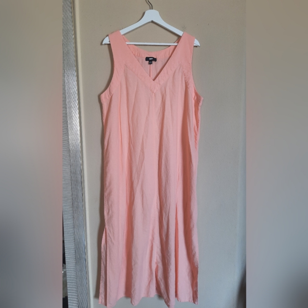 DKNY 100% Linen Peach Pink Sleeveless Dress Beachy Casual Classic